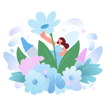 A flower fairy with delicate wings is hiding behind an oversized blue flower, peeking out playfully. Garden gnomes with colorful hats are scattered around, some partially hidden behind large green leaves. The scene is filled with vibrant oversized flowers in various pastel colors, creating a whimsical atmosphere. Sunlight filters through the petals, casting soft shadows on the ground where tiny insects flit about. The fairy's dress is made of petals, blending harmoniously with the surrounding flora.