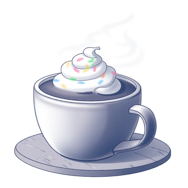 A steaming cup of hot chocolate sits prominently on a wooden table. The cup is filled to the brim, showcasing a rich, dark liquid. It is topped with a generous swirl of whipped cream, which is fluffy and billowing over the edge of the cup. Colorful sprinkles scatter across the whipped cream, adding texture and a hint of playfulness. The wooden table has a warm, natural grain, providing a rustic backdrop for the cup. Light reflects off the steam rising from the hot chocolate, creating a cozy and inviting atmosphere.