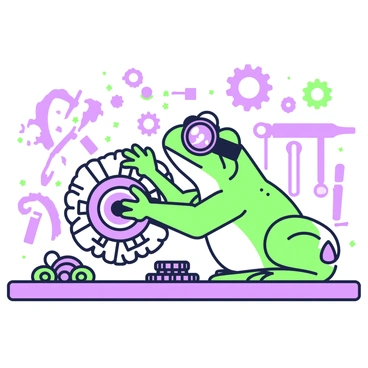 A frog is sitting on a workbench, wearing steampunk goggles that reflect the light. Its body has intricate details, showcasing mechanical elements like gears and small cogs. The frog has its hands on a large gear, adjusting it with precision. Surrounding the frog are various other gears, some large and some small, scattered across the workbench. In the background, there are tools such as wrenches and screwdrivers arranged neatly, hinting at the frog's tinkering habits. The scene conveys a sense of industriousness and creativity.