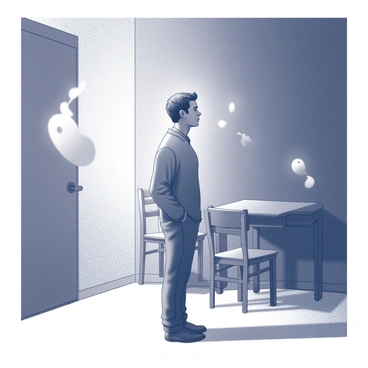 A person stands alone in a dimly lit room. The individual appears contemplative, with a slight furrow in their brow. Shadows dance across the walls, hinting at the room's sparse furnishings, which include a single chair and an old, wooden table. There are indistinct, swirling shapes in the air around them, suggesting the presence of ghostly whispers. The atmosphere feels heavy, with the light barely illuminating the contours of the person's figure and the faint outlines of the room's features.