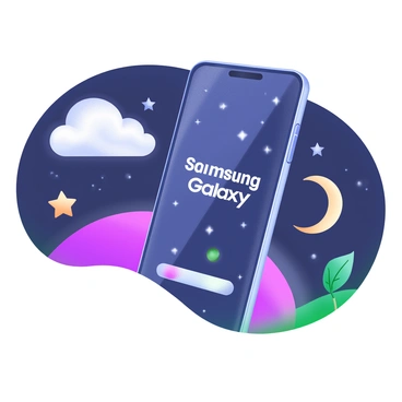 A modern pastel illustration featuring a "Samsung Galaxy" phone with a sleek design and a glowing screen. The phone is centered against a dark night sky filled with stars. Surrounding the phone are soft, glowing clouds and small celestial elements like twinkling stars and a crescent moon. The overall ambiance highlights the phone's features and design in a visually captivating manner.