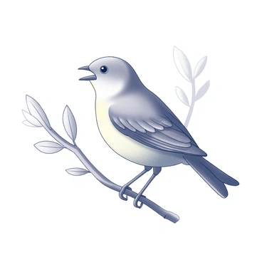 A small bird with delicate features is perched on a slender branch. The bird is facing forward as it sings, with its beak open, showcasing a vibrant expression. The branch is adorned with small leaves, suggesting the vitality of a morning setting. The light is casting gentle shadows, hinting at the early hours of the day. The background consists of soft outlines of additional branches and leaves, contributing to a serene natural atmosphere.