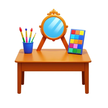 A 3D icon of a vanity designed with a wooden surface. On top of the vanity, there are various paintbrushes of different sizes arranged neatly. A vibrant color palette is prominently displayed beside the brushes, featuring an array of bright colors. The vanity includes a small mirror framed in an ornate style, reflecting the paintbrushes and palette. The overall composition embodies the essence of an artist's workspace.