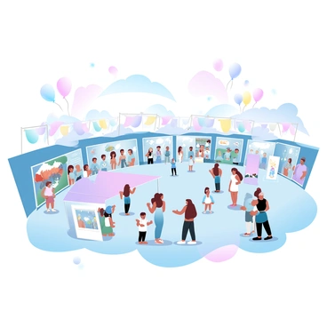 An expansive fairground filled with a variety of booths showcasing colorful artworks. Each booth is adorned with vibrant banners and decorations that highlight the artists' creations. Artists are actively engaging with visitors, displaying their paintings, sculptures, and handmade crafts. In the background, there are clusters of people exploring the fair, some stopping to appreciate the displayed art, while others are chatting and enjoying the festive atmosphere. Colorful balloons float above the scene, adding to the lively and cheerful ambiance of the fair.