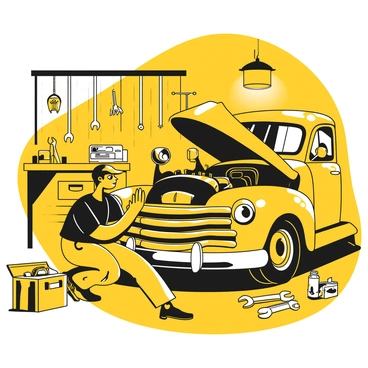 A mechanic squatting next to a vintage truck, focused on the engine compartment. The mechanic wears a black shirt and brown work gloves. The truck is an old model with shiny chrome details and a faded exterior. Surrounding the mechanic, the garage is cluttered with various tools, including wrenches, screwdrivers, and pliers hanging from a pegboard. A toolbox sits nearby, partially open with tools spilling out. A workbench in the background holds a few more vintage car parts and a small lamp casting a soft light over the scene.