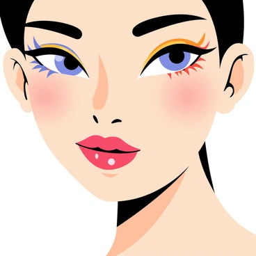A close-up illustration of a model's face showcasing various makeup trends. The model has a smooth skin tone with a subtle glow, emphasizing the foundation applied. Her eyes are accentuated with vibrant eyeshadow colors, featuring shades of electric blue and radiant orange, along with long, fluttery eyelashes. Bold eyeliner extends beyond her eyes, creating a dramatic effect. Her lips are painted with a glossy, deep red lipstick that stands out. The model’s perfectly shaped eyebrows are defined, framing her expressive eyes. The background is softly blurred to draw attention to the makeup details on her face.