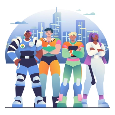 A diverse team of Overwatch heroes is standing confidently together. The first hero has dark skin and is wearing a blue and white tactical suit with a visor. Next to him, a hero with light skin and short blonde hair is dressed in a green and orange armor. Another hero with medium brown skin sports a high-tech suit that glows with neon colors. A female hero with purple hair and a white outfit stands with her arms crossed. Behind them is a dynamic city backdrop, showcasing tall buildings and bright lights. The sky transitions from deep blue to purple, with a few scattered clouds.