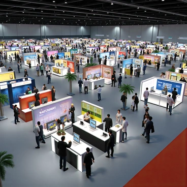 A large trade show venue filled with numerous booths showcasing different businesses involved in interstate commerce. Each booth is uniquely designed, featuring vibrant signage and displays. A booth representing a tech company has a sleek, modern design with digital screens showcasing their latest products. Another booth, representing a food supplier, is decorated with colorful food items and samples on display. Visitors walk around, engaged in conversations with representatives at the booths. The atmosphere is bustling with activity as people exchange business cards and gather information. Bright overhead lights illuminate the space, highlighting the various exhibits.