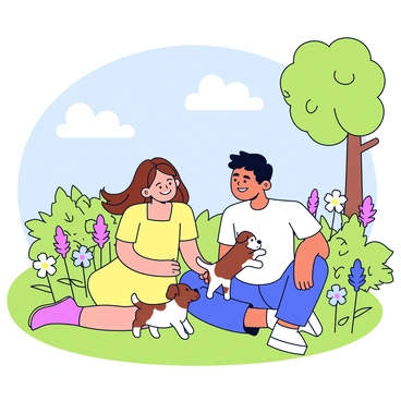 A couple playing with a puppy in a sun-dappled meadow