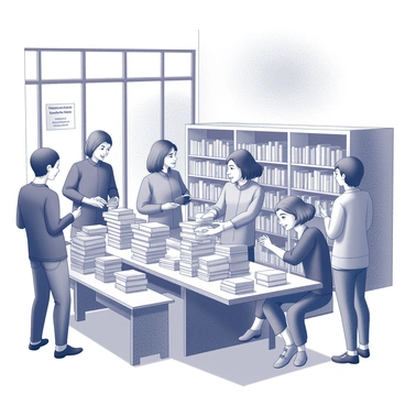 An indoor library filled with shelves of books. Various individuals are gathered around a large wooden table stacked with books of different sizes and genres. Some people are engaged in conversations, smiling as they discuss their favorite reads. A couple of attendees are exchanging books, handing a novel from one to the other. A few others browse through the assortment on the table, examining titles and covers. Light streams in through large windows, illuminating the scene and creating an inviting atmosphere. A sign on the wall reads "Book Swap: Share Your Favorites!"
