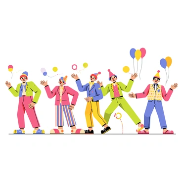 A group of five clowns in colorful outfits is juggling a variety of objects like balls, clubs, and rings. Each clown has a distinct appearance: one has bright red hair and a polka dot suit, another wears oversized shoes and a striped costume, while a third sports a rainbow-colored wig and a sparkly vest. They are performing tricks, such as balancing on stilts and making funny faces, while surrounded by cheering spectators. Balloons and streamers float in the air, adding to the festive atmosphere of the parade.