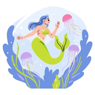 A mermaid with long flowing hair swims gracefully in an enchanted lagoon. Her shimmering scales glisten in shades of green and blue. Surrounding her are several jellyfish with translucent bodies, glowing softly in pink and purple hues. The lagoon is filled with lush greenery and sparkling water, creating a magical atmosphere. Small bubbles rise to the surface as the mermaid interacts playfully with the jellyfish, illuminating the scene with a whimsical charm.