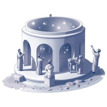 An ancient stone observatory constructed from large, weathered stones. The structure features a circular design with a domed roof open to the night sky. Several astronomers are present, dressed in period-appropriate robes, focusing on various celestial instruments such as telescopes and astrolabes. They are gazing upwards, pointing and discussing the visible stars and constellations. The ground is uneven, covered with patches of grass and small stones, creating a natural landscape around the observatory. Bright stars and celestial bodies twinkle overhead in the vast night sky.