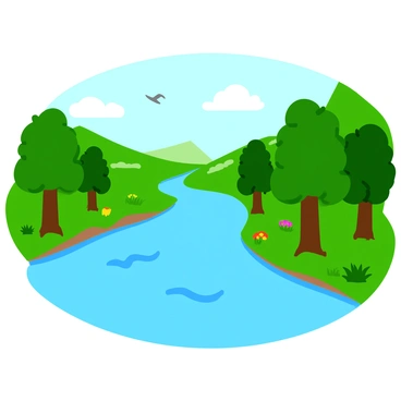 A broad river flowing smoothly through a lush green landscape. The water is clear and reflective, sparkling under the sunlight. On either side of the river, vibrant trees with lush foliage create a serene atmosphere. In the background, gentle hills rise, dotted with colorful wildflowers and patches of grass. A few small birds can be seen flying above the river, contributing to the peaceful scene.