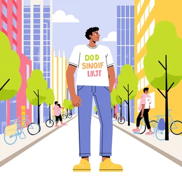 A person standing confidently in a vibrant cityscape. The individual is wearing a t-shirt with a bold body-positive message written in large, colorful letters. Surrounding them are tall buildings with glass windows reflecting the sunlight. The street is bustling with activity, featuring people walking by and bicycles parked along the sidewalk. Trees are planted along the road, adding greenery to the urban environment. The sky overhead is clear with a few fluffy clouds.