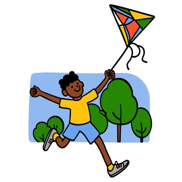 A cartoon boy with light skin and short black hair is running joyfully in a park, holding a colorful kite soaring high above him. The kite has bright patterns in red, blue, green, and yellow. The boy is wearing a yellow t-shirt, blue shorts, and sneakers. He has a wide smile on his face, with his arms stretched out to control the kite. In the background, there are green trees and a clear blue sky, indicating a breezy day.