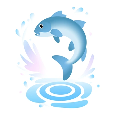 A fish is leaping out of the water, with its body arched in mid-air. Water droplets are scattered around, creating splashes that radiate outward. The surface of the water below is disturbed, with ripples expanding in circles. The scene captures the motion and energy of the leap, with a clear blue sky in the background.