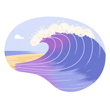 An ocean wave with a crest that exhibits a brilliant "amethyst sheen" is captured mid-crash, showcasing intricate details in the wave's formation. The wave is large and dynamic, with frothy white foam at the peak where it begins to break. The shoreline is sandy, and small splashes of water scatter as the wave makes contact with the beach. In the background, soft hues of blue in the water contrast with the vibrant amethyst tones. The scene is framed by a clear blue sky above, enhancing the colorful display of the wave.