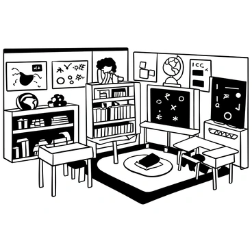 A classroom interior filled with unique gadgets and learning tools. There are various educational devices displayed on shelves, including a globe, a large abacus, and a set of colorful building blocks. Desks arranged in clusters contain assorted stationery items, such as pencils and notebooks. Posters with mathematical equations and scientific diagrams are affixed to the walls. In one corner, a large chalkboard displays various illustrations related to different subjects. A bookshelf stands filled with books of various sizes, and a vibrant rug lies in the center of the classroom.