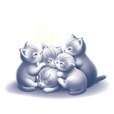 Several small kittens are huddled closely together on a soft surface. They have various fur patterns and textures, exhibiting playful expressions. Sunlight streams down from above, creating a distinct and bright area where the kittens are nestled. The light casts soft shadows around them, highlighting their features as they bask in the warmth. Each kitten has its eyes either slightly closed or gazing contentedly in the warm glow.