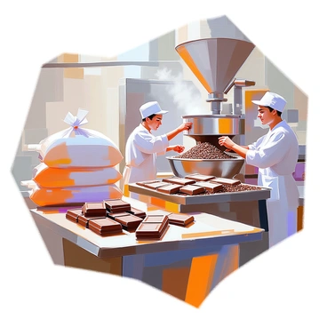 An interior view of a chocolate factory, showcasing the intricate process of transforming cocoa beans into chocolate bars. Large bags of cocoa beans are stacked near a conveyor belt, where they are being sorted and cleaned. Workers in white uniforms and hairnets are operating machinery, grinding the cocoa beans into a smooth paste. The factory is filled with large vats where the chocolate mixture is tempered, and the scent of cocoa fills the air. In one corner, chocolate bars are being molded and cooled on metal trays, ready for packaging. Bright lights illuminate the bustling environment, highlighting the shiny surfaces of the equipment and the rich brown color of the chocolate.