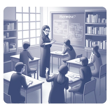 A classroom filled with young witches, each focused intently on their instructor. "Hermine," a witch with a kind expression, stands at the front of the room, gesturing animatedly as she shares her knowledge. The room is adorned with bookshelves filled with various spellbooks and magical artifacts. A large chalkboard displays intricate diagrams and notes related to spellcasting. The young witches, varying in age and appearance, are seated at wooden desks, some taking notes while others eagerly raise their hands to ask questions. Natural light streams in through tall windows, illuminating the classroom with a warm glow.