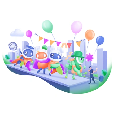 A festive parade taking place on a sunny day, featuring several "antibodies" depicted as cartoon-like characters dressed in colorful costumes. Each antibody character is unique, with vibrant outfits that include bright reds, blues, greens, and yellows. Some antibodies are wearing capes, while others sport hats and masks, all showcasing playful designs. The street is lined with cheering spectators and colorful banners, adding to the celebratory atmosphere. Balloons in various shapes float above the parade, enhancing the festive scene.