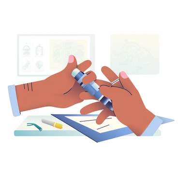 A pair of hands with light brown skin are holding a tattoo machine, poised and ready to create art. The fingers are delicately gripping the machine, demonstrating precision and focus. The background is softly blurred, emphasizing the hands and the tattoo machine. Each hand is adorned with various rings, and the skin shows a few small tattoos, hinting at artistic experience. The environment suggests a tattoo studio with faint outlines of tattoo sketches and tools scattered on a nearby surface.