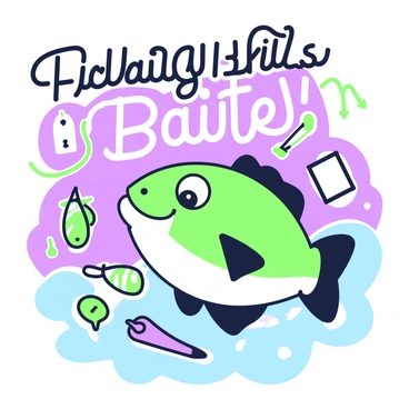 A retro-style advertisement poster for fishing baits is displayed prominently. In the center, there is a classic cartoon fish with exaggerated features, such as large eyes and a wide smile. The fish is depicted in a playful pose, surrounded by various fishing baits that include colorful lures and hooks. The baits are arranged around the fish, showcasing different shapes and sizes. At the top of the poster, there are bold, eye-catching words that read “Fishing Baits Galore!” with an arrow pointing down towards the fish. The background features a stylized, simplistic water pattern, enhancing the fishing theme.