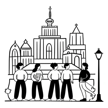 A group of five people standing on a sidewalk, looking up at a large, intricately designed building. The people are dressed casually and appear engaged in conversation about the architecture. One person is pointing toward decorative elements on the building while another is holding a booklet with architectural sketches. Nearby, a tall lamppost casts a shadow on the pavement. The surrounding area features additional buildings in the background, showcasing various architectural styles.