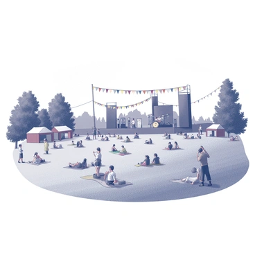 A grassy field populated with people enjoying a music festival. The ground is covered in lush grass, dotted with groups of festival-goers relaxing on picnic blankets. In the distance, a large stage is set up, featuring speakers and musical instruments, where performers are visible. Colorful bunting hangs above the crowd, strung between trees and poles, adding a festive atmosphere. Various tents and food stalls are scattered around, creating a lively environment filled with activity.