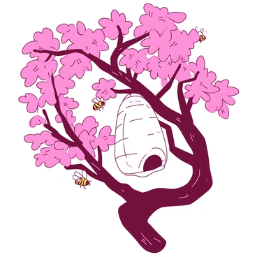 A yellow bee is buzzing around a white hive that is secured in the branches of a flowering tree. The tree is adorned with vibrant pink blossoms that add color to the scene. The hive has a textured surface and is surrounded by several bees in flight. The sunlight filters through the leaves, casting soft shadows on the bark of the tree. The atmosphere is lively with the movement of the bees among the flowers.