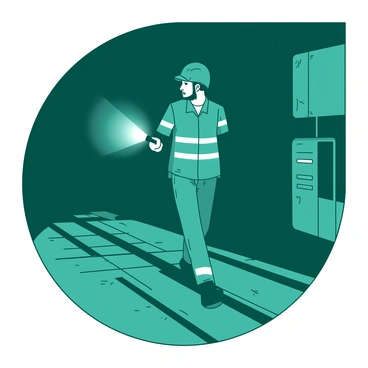 A teal subway worker wearing a safety helmet is walking along the tracks during off-hours. The worker holds a bright white flashlight pointed ahead, illuminating the dark tunnel. The worker's uniform is adorned with reflective stripes, enhancing visibility. The tracks are lined with grey concrete, and the dimly lit environment creates a sense of solitude. In the background, there are faint outlines of industrial equipment and electrical panels along the walls.