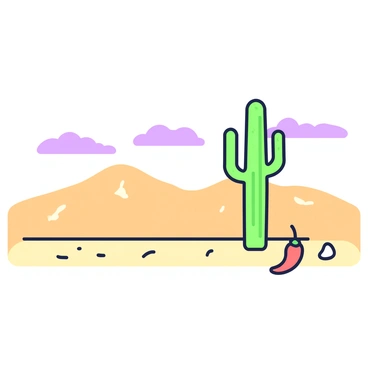 A desert landscape stretches across the scene with sandy dunes in the background. In the foreground, there is a tall cactus with arms reaching upwards. Next to the cactus, a vibrant "red chili pepper" lies on the ground, contrasting with the earthy tones of the desert. The sky above is clear with a few scattered clouds, creating a sense of openness in the environment. The sand shows subtle ripples and textures, enhancing the natural look of the desert setting.