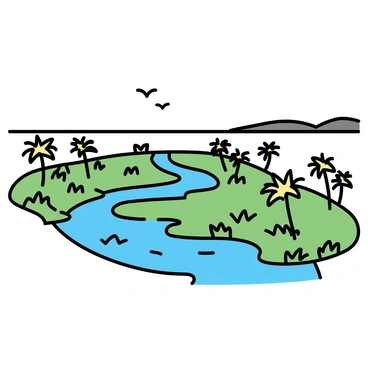 A lush, green delta with the Nile River flowing through it. The river splits into multiple channels, surrounded by tall grasses and palm trees. Various shades of green dominate the landscape, with patches of bright vegetation creating a rich tapestry. The water of the Nile reflects the blue sky, while small birds can be seen flying above the delta. In the distance, the horizon shows a gentle rise of hills, completing the serene scene.