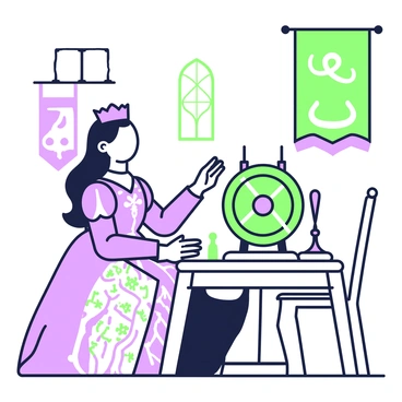 A young princess is sitting at a small wooden table in a dimly lit room. She has long flowing hair and wears a beautiful gown adorned with intricate patterns. In front of her, there is a spinning wheel with a spindle. She is reaching toward the spindle with her right hand, and her left hand is resting on the table. A single drop of blood is visible as it forms on her finger where she has pricked it. The room is adorned with shadows, and faint outlines of tapestries can be seen hanging on the walls. A small window lets in a sliver of light, illuminating her face and the spindle.