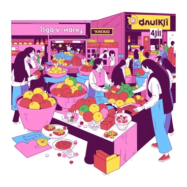A vibrant marketplace filled with colorful stalls adorned with various Haft-Sin items in preparation for Nowruz. There are baskets overflowing with fresh, ripe fruits, including apples, garlic, and coins, all displayed prominently. Sweet treats are arranged on tables, showcasing traditional pastries and colorful candies, their wrappers shimmering in the light. Shoppers bustle around, some examining the items while others engage in lively conversations. The atmosphere is filled with excitement and anticipation for the festivities.
