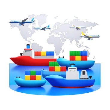 A collection of various ships, including cargo vessels and container ships, navigating through ocean waters. The ships are loaded with brightly colored containers. Above them, several airplanes are flying in the sky, displaying various designs and national flags. The scene captures the dynamic exchange of goods, with some containers being transported from the ships to the planes and vice versa. The background features a map outline of global trade routes, emphasizing the busy nature of international commerce.