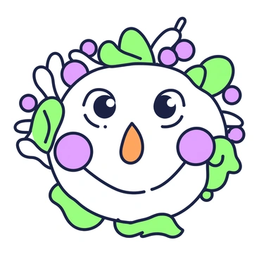 A face created entirely from various fruits is prominently displayed. The eyes are formed using two grapes, round and shiny, giving a lively appearance. The nose is crafted from a small piece of orange, positioned centrally on the face. A banana serves as the mouth, curved in a cheerful smile. The cheeks are made from two slices of watermelon, adding a playful touch. Surrounding the face, there are leaves and small berries that enhance the overall composition, creating a vibrant and friendly visage.