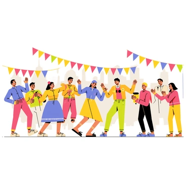 A vibrant cultural festival scene features a variety of dancers wearing traditional costumes in bright colors. The dancers are in dynamic poses, showcasing their movements in celebration. Surrounding them are musicians playing various instruments, including drums and flutes, adding to the lively atmosphere. Colorful banners and decorations hang in the background, enhancing the festive mood. There are crowds of people watching, clapping, and enjoying the performances, creating a sense of excitement and community in the scene.
