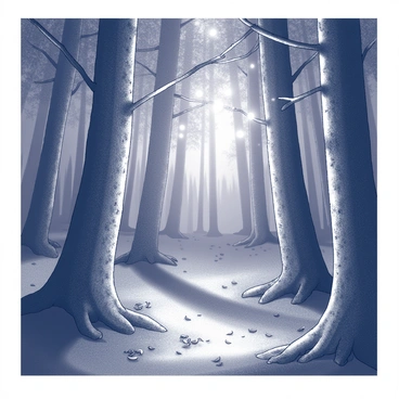A dimly lit forest with tall trees, their trunks textured with rough bark. Ethereal wisps of light are floating gently among the branches, creating a mystical atmosphere. The ground is covered with scattered leaves and small plants, contributing to the natural setting. The light seems to illuminate softly, casting faint shadows on the tree trunks and foliage. The overall scene conveys a sense of calm and tranquility in the heart of the woods.