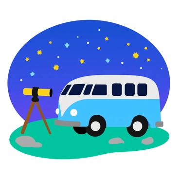 A colorful VW bus parked under a night sky filled with bright stars. The bus is a vibrant blue with white accents, and its doors are slightly open. Next to the bus, a telescope is set up on a sturdy tripod, pointing upward toward the stars. The ground is covered in soft grass, and a few scattered stones are nearby. The scene captures a sense of adventure and exploration, inviting viewers to imagine gazing through the telescope at the wonders of the universe.