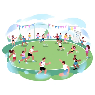 A school playground filled with children participating in various sports. Groups of children are engaged in activities like running races, sack races, and tug-of-war. Colorful banners and flags are draped around the area, creating a festive atmosphere. Parents and teachers are seen cheering from the sidelines, while some children are high-fiving each other after a race. A scoreboard is visible in the background displaying team scores. The grass is vibrant green, and the sky is clear with a few fluffy clouds.