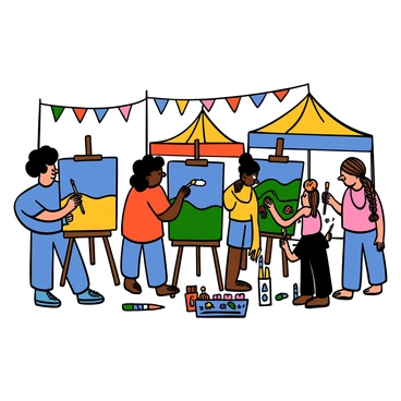 A group of artists is painting on large canvases in an open-air section of an illustration fair. Each artist has a different canvas, showcasing a variety of vibrant colors and styles. One artist, with light skin and curly hair, is applying bold strokes of blue and yellow paint. Another artist, with dark skin and straight black hair, is focused on a detailed landscape, using a fine brush. A third artist, with medium skin and long brown hair in a braid, is working on a colorful abstract piece, surrounded by paint tubes and brushes. The scene is lively, with a few art enthusiasts observing and admiring the artists’ work. In the background, colorful banners and tents add to the festive atmosphere of the fair.
