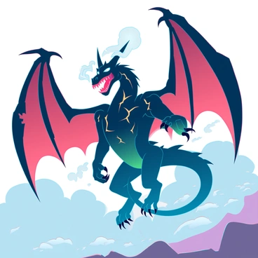 A Balrog soaring through a cloudy sky with wings ablaze