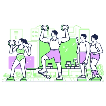 A vintage gym scene is depicted with several athletes engaged in lateral raises using old-style weights. In the center, a male athlete with a strong build is raising his arms bent at the elbows, holding a pair of rounded weights. He is wearing a sleeveless tank top and shorts. To his left, a female athlete also performs lateral raises, her hair tied back, dressed in a patterned leotard and leg warmers. Behind them, there are wooden benches and weights stacked on a rack. The walls of the gym are lined with mirrors, and a chalkboard displaying workout routines is mounted in the background. The floor is made of wooden planks, contributing to the vintage atmosphere.