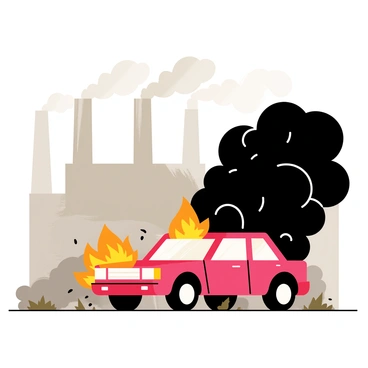 A car exploding near an industrial plant with smoke stacks in the background
