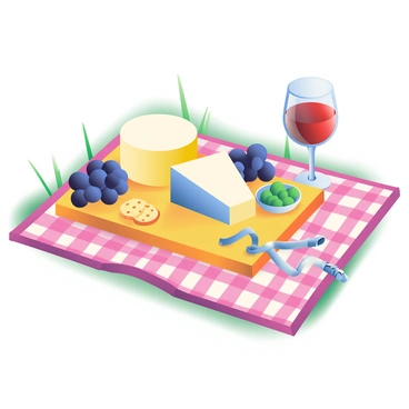 A beautifully arranged cheese board is placed on a checkered picnic blanket. The cheese board features various types of cheese, including a round brie, a wedge of sharp cheddar, and a block of blue cheese. Surrounding the cheeses are clusters of dark purple grapes and a small dish of green olives. Several golden crackers are neatly arranged alongside the cheeses. A glass of red wine, filled to the rim, is positioned near the cheese board, and a corkscrew is placed beside it. The picnic blanket is spread out in a grassy area, with soft sunlight casting gentle shadows over the arrangement.