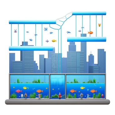 A network of clear tubes suspended above a city, facilitating the movement of colorful fish. The tubes are interconnected, creating a complex system that transports fish between large urban aquariums. The city below features tall buildings, bustling streets, and people going about their day. The aquariums are large, glass structures filled with vibrant aquatic plants and various species of fish, visible through the clear tubes. Brightly colored fish swim gracefully inside the tubes, adding a dynamic element to the urban landscape.
