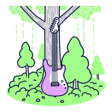 An electric guitar leans against a tree with a textured bark in a forest setting. The tree is tall and robust, surrounded by lush greenery and scattered foliage on the ground. Sunlight streams through the leaves, creating dappled patterns on the forest floor. In the background, there are various trees of different heights, their leaves forming a canopy. A gentle breeze rustles the foliage, enhancing the tranquil atmosphere of the scene. The guitar features a sleek body and metallic strings, standing in contrast to the natural surroundings.